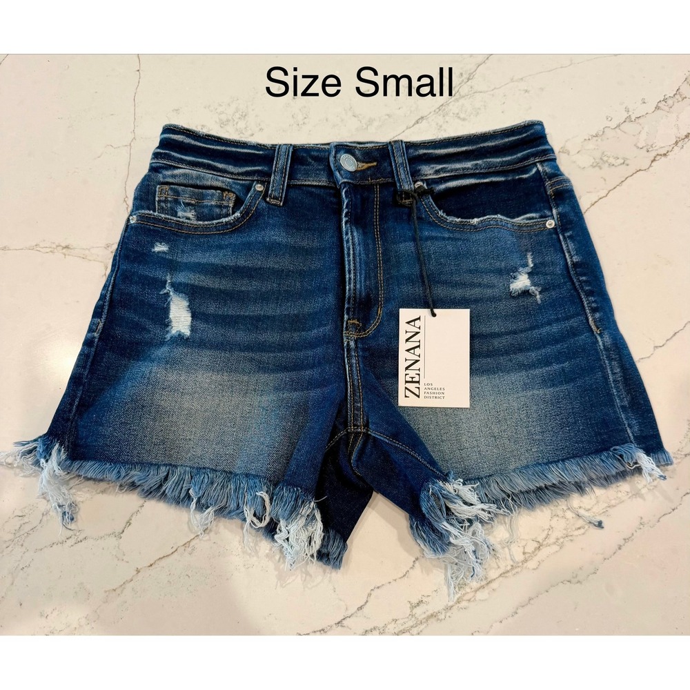 Zenana Women Distressed Frayed Raw Hem Denim Shorts Dark Wash Small NWT